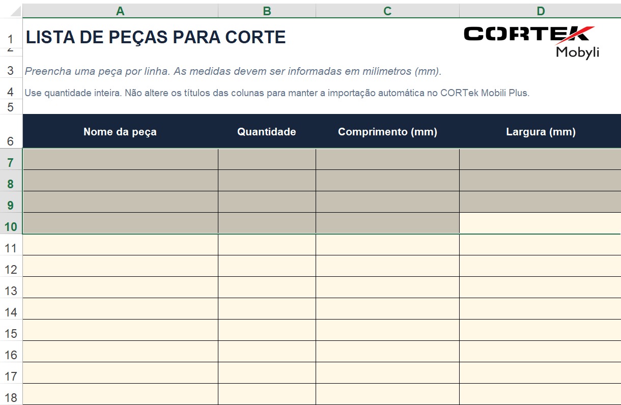 Planilha de lista de peças do CORTek Mobili Básico