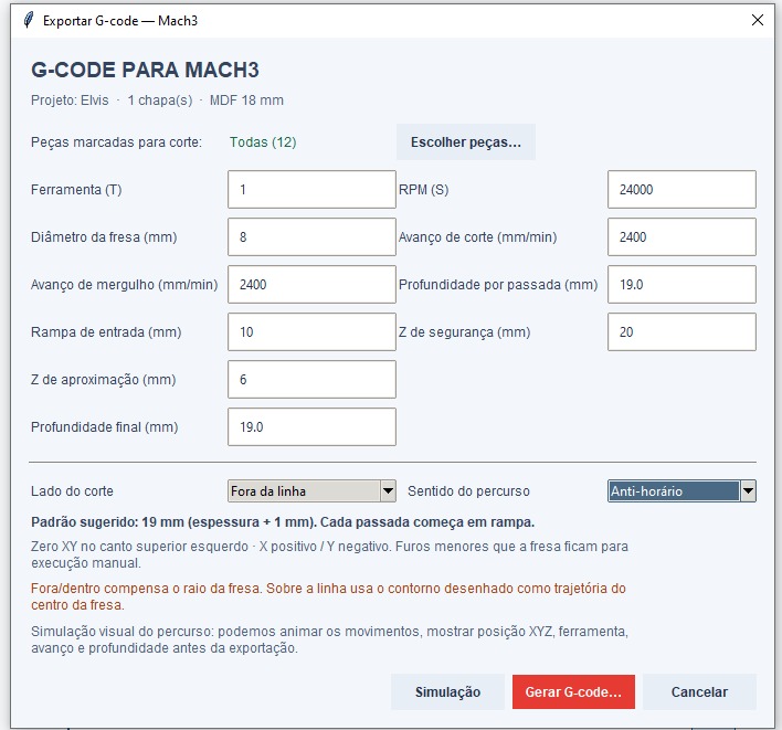 Configuração de G-code Mach3 no CORTek Mobili Pro